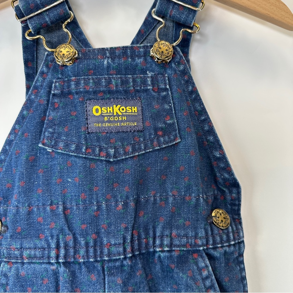 VTG OshKosh B’Gosh Denim Girls 9M Overalls‎ with Heart Flowers Cherries Vestbak